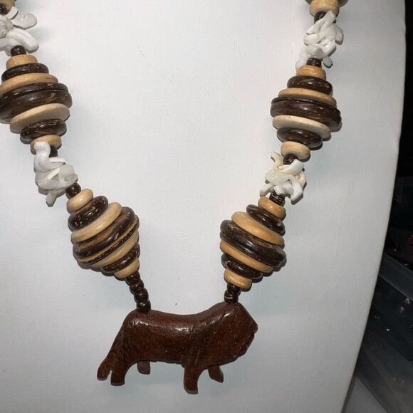 Vintage African Inspired Carved Wooden Animal Bead and Shell Necklace - Picture 3 of 9